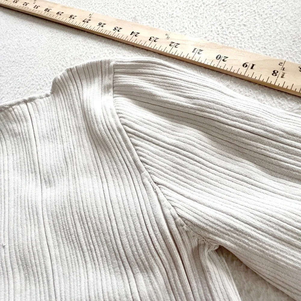 Zara Henley Top Women Large Cream Ribbed Knit Button Cuff Crop Casual Trendy